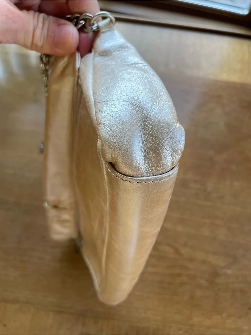 HOBO Cream Champagne Metallic Leather East-West Shoulder Bag with Chain Strap